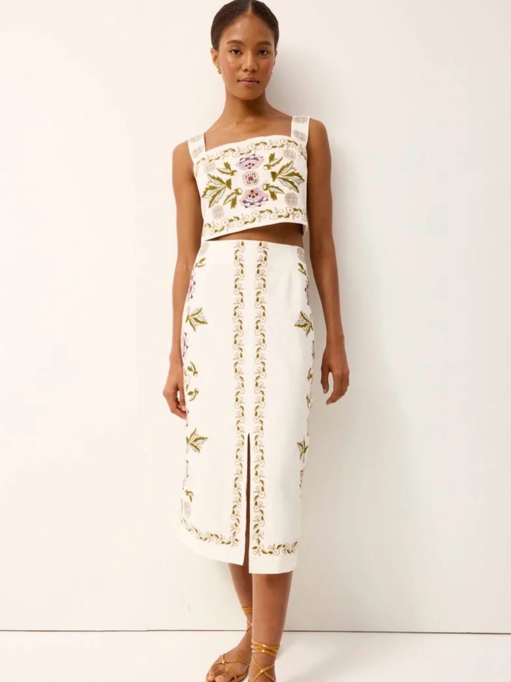 MARIE OLIVER meara floral embroidered midi skirt in secret garden with crop top